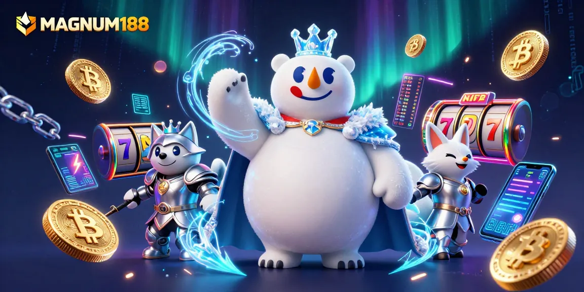Experience the thrill of MAGNUM188 with a captivating scene of entertainment, showcasing vibrant slot elements and crypto energy.