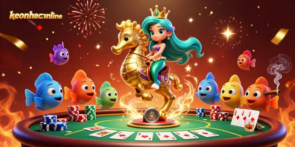Experience the excitement of keonhacaionline with a vibrant mermaid-themed poker scene featuring colorful fish and rich gaming elements.