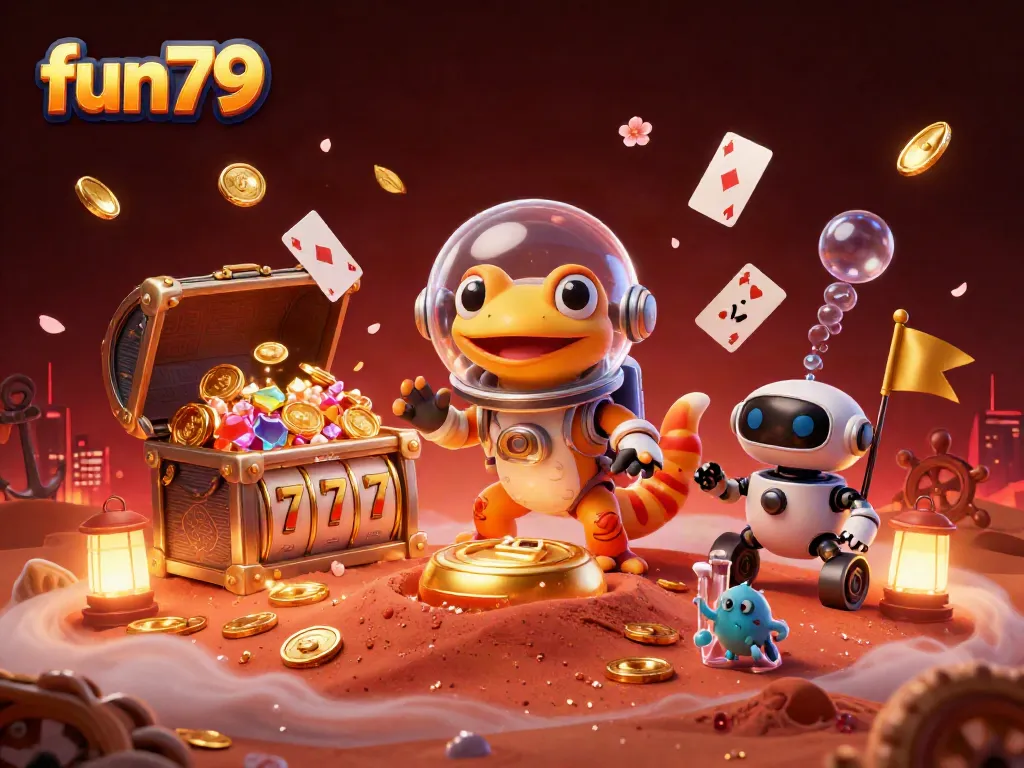 Experience fun79's golden casino adventure with a Martian gecko and vibrant slot games.