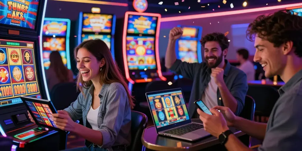 Exciting scene of diverse players enjoying situs slot777 on various devices, capturing the thrill of online slots.