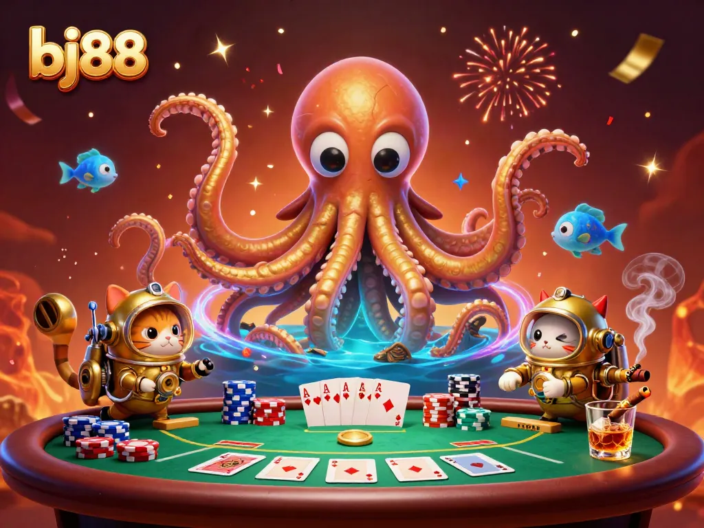 Engage with bj88's thrilling gaming atmosphere featuring a kraken and vintage diving cat.