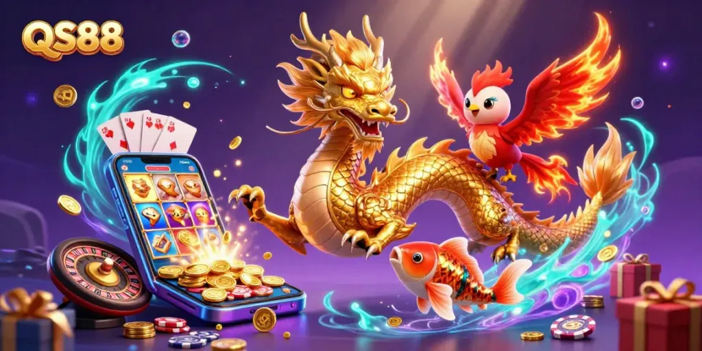 Engage with QS88's thrilling casino experience featuring vibrant dragons, phoenixes, and dynamic gameplay elements.