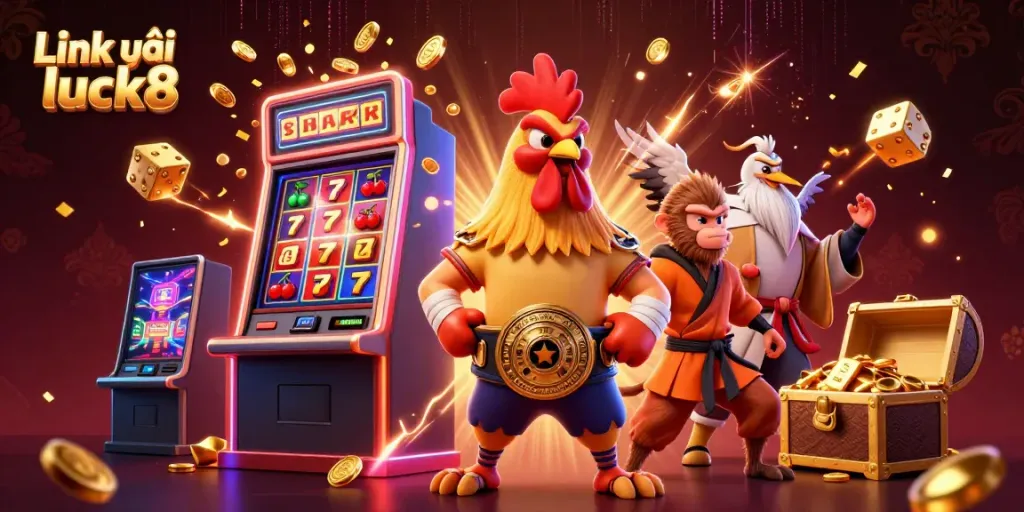 Experience Link vào luck8 with a vibrant 3D illustration of characters in a dynamic casino scene.