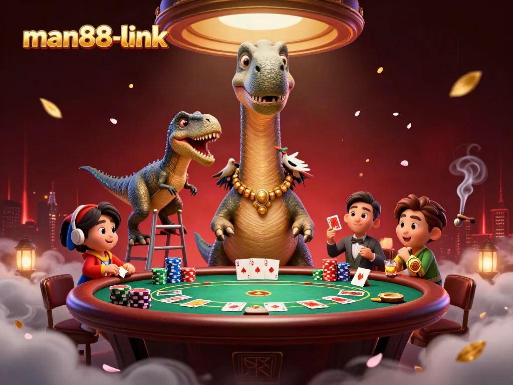 Play at man88-link with a giant brontosaurus overseeing a poker game full of excitement.