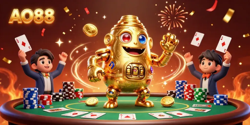 Play and win with AO88's vibrant golden golem and poker game elements in a lively casino scene.