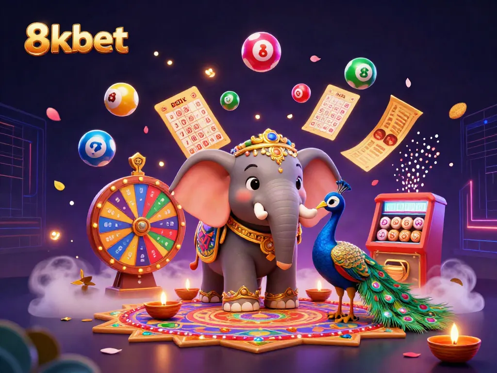 Engage with 8kbet’s vibrant casino atmosphere featuring a colorful 3D illustration of an elephant and peacock surrounded by lively gambling elements.