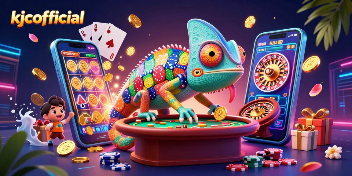 KJCOfficial's chameleon casino owner captures exciting gameplay with coins and cards in a vibrant scene.