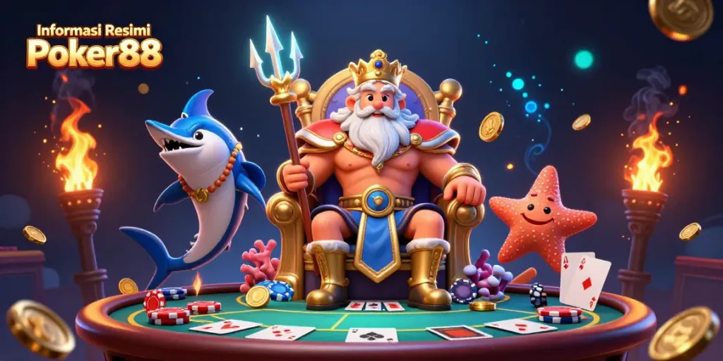 Action-packed scene highlighting Informasi Resmi Poker88 with Neptune and poker elements.