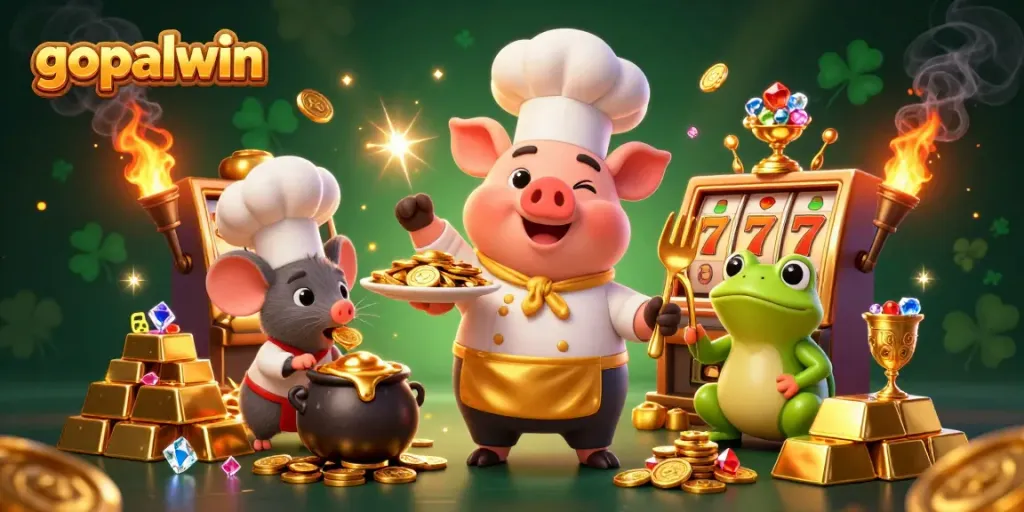 Experience the thrill of gopalwin with 3D characters serving golden treasures in a vibrant casino scene.