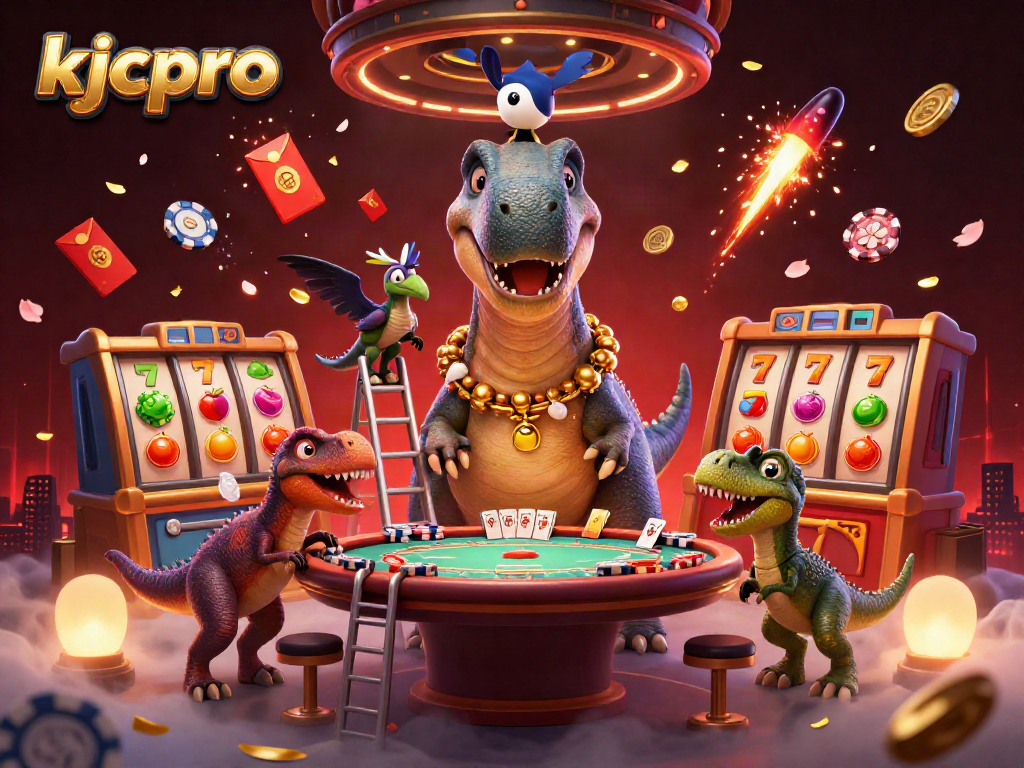 Kjcpro showcases a lively casino scene with a towering brontosaurus, a raptor dealing cards, and vibrant slot game elements.