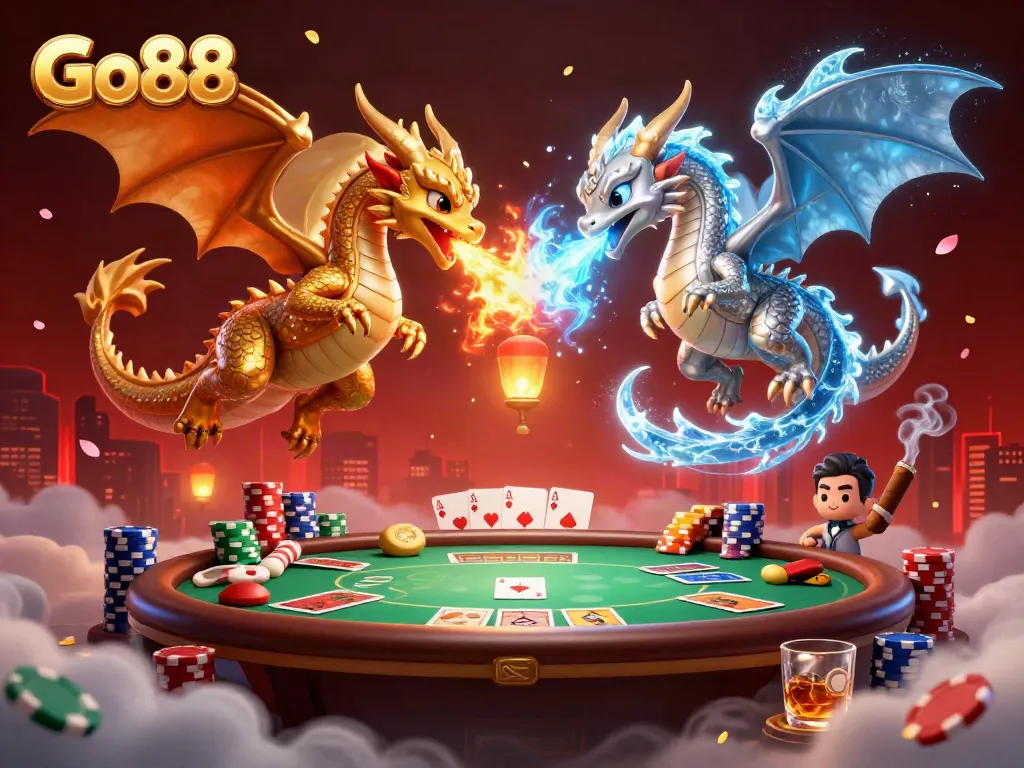 Catch the excitement of Go88 with golden and silver dragons amid dynamic poker elements.