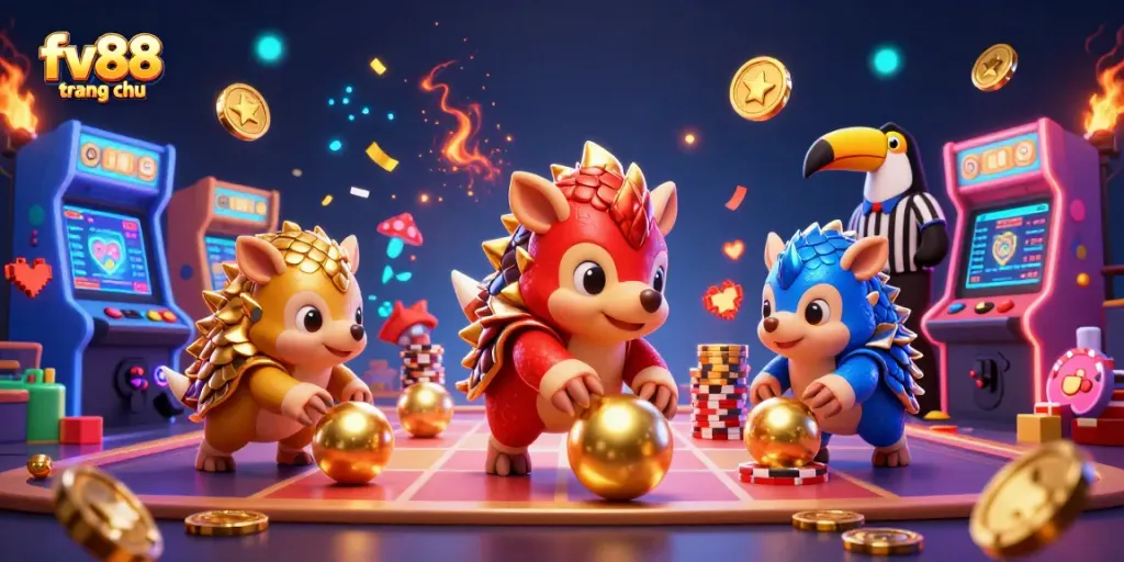 Engage with the vibrant adventure of fv88 trang chủ through rival pangolins battling in a dynamic casino-themed illustration.