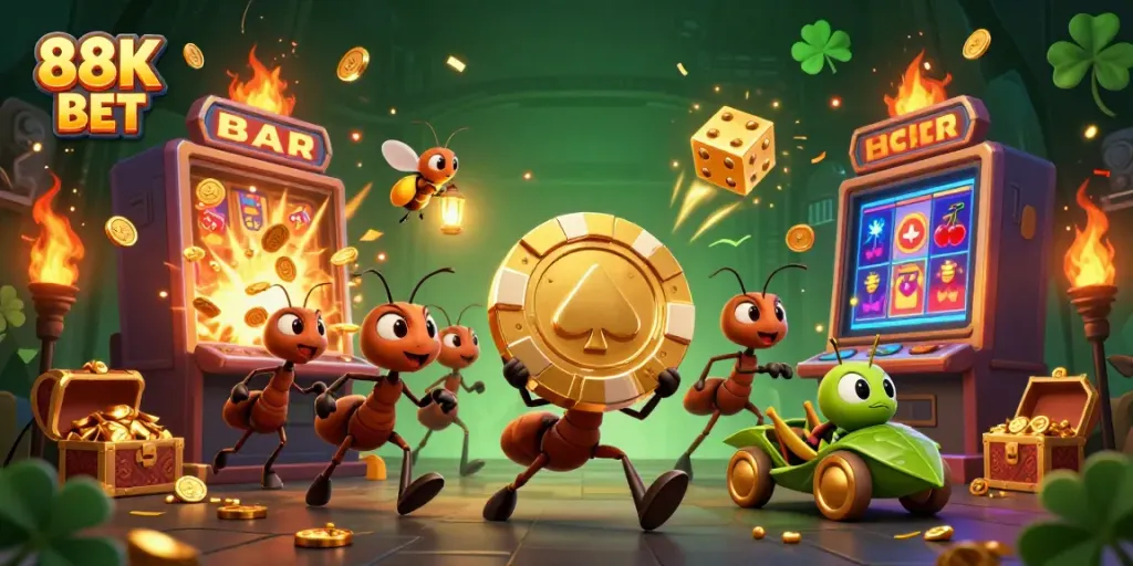 Experience the excitement of 88K BET with a heist-themed illustration featuring ants, a firefly, and casino elements.