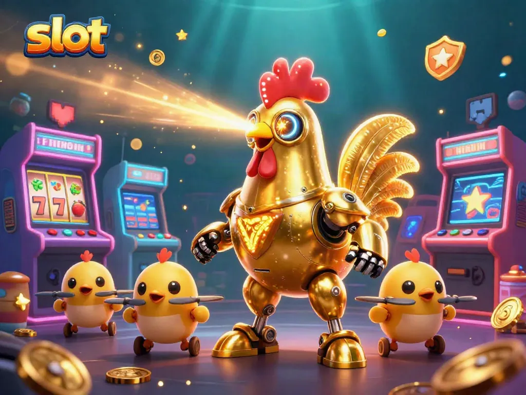 Spin vibrant slot machines with a golden rooster shooting lasers, surrounded by gaming elements.