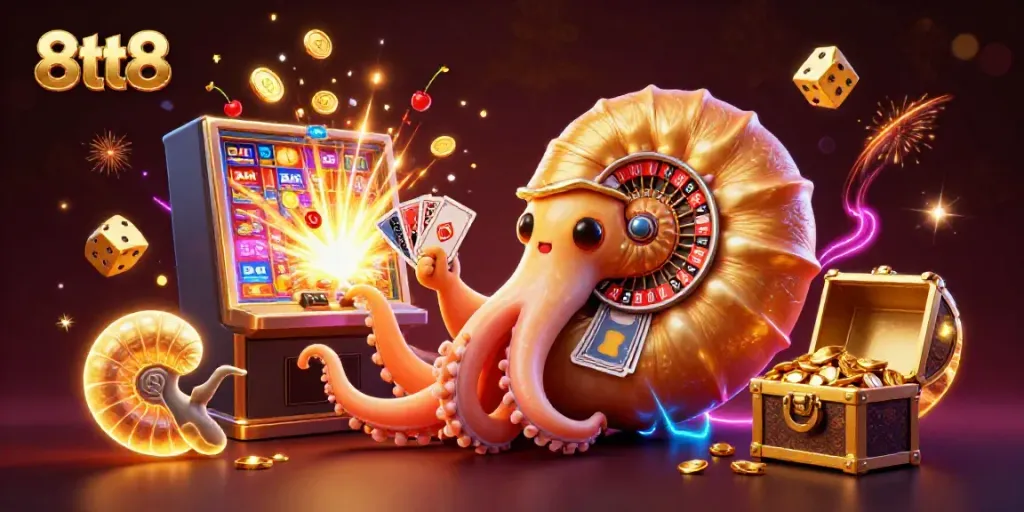 Engage in thrilling casino action with 8tt8, featuring a giant nautilus roulette wheel and vibrant jackpot effects.