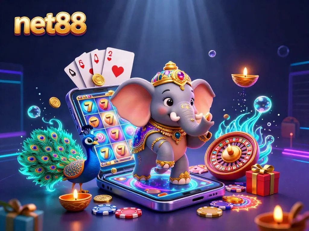 Experience the vibrant world of net88 with a colorful, dynamic casino scene featuring an elephant, a peacock, and exciting gaming elements.