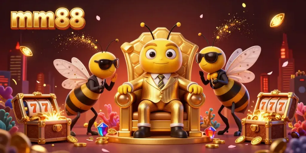 Experience thrilling gameplay at mm88 with a vibrant 3D casino illustration showcasing a bumblebee mob boss amidst slot reels, gold coins, and exciting visual elements.