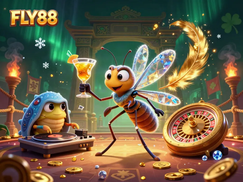 FLY88 captures a lively 3D casino scene with a frozen mosquito mascot, trilobite DJ, and roulette wheel.