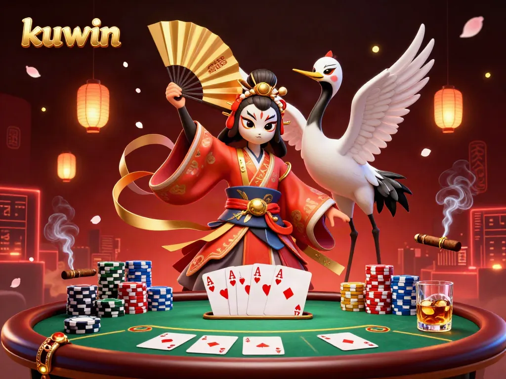 Kuwin shows a lively casino scene with a kabuki warrior and kitsune mask, surrounded by poker game elements.
