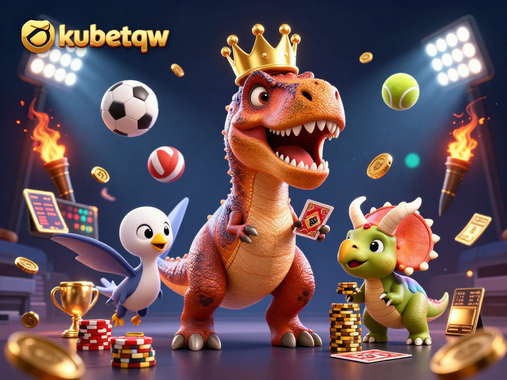 Engaging kubetqw scene with a T-Rex and friends at a vibrant casino game setup.