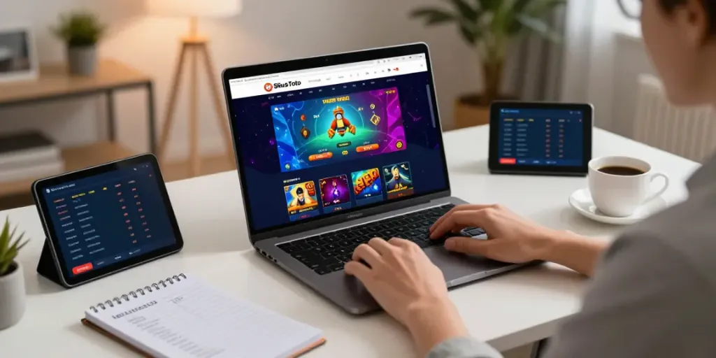 Pengalaman bermain Situs Toto secara online dengan tampilan situs warna-warni di laptop dan peralatan di meja kerja.