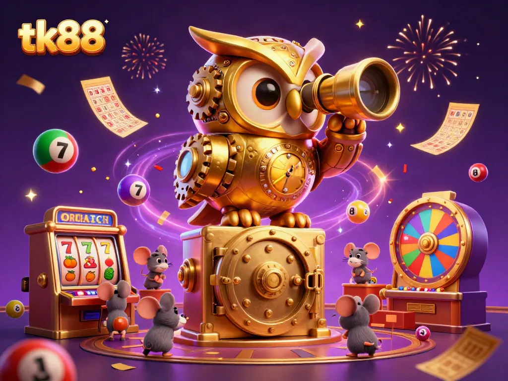 Experience thrilling moments with tk88 as a golden owl watches over dynamic casino gaming elements.