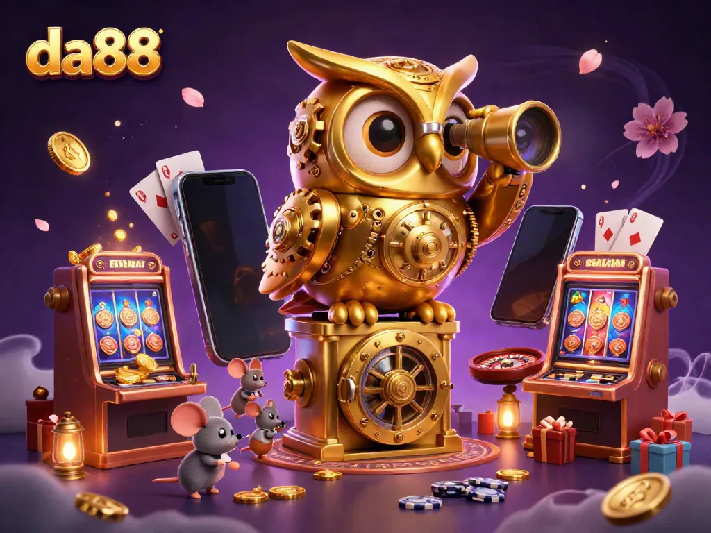 Experience the dynamic and exciting da88 casino atmosphere with a golden owl and whimsical mice in action.