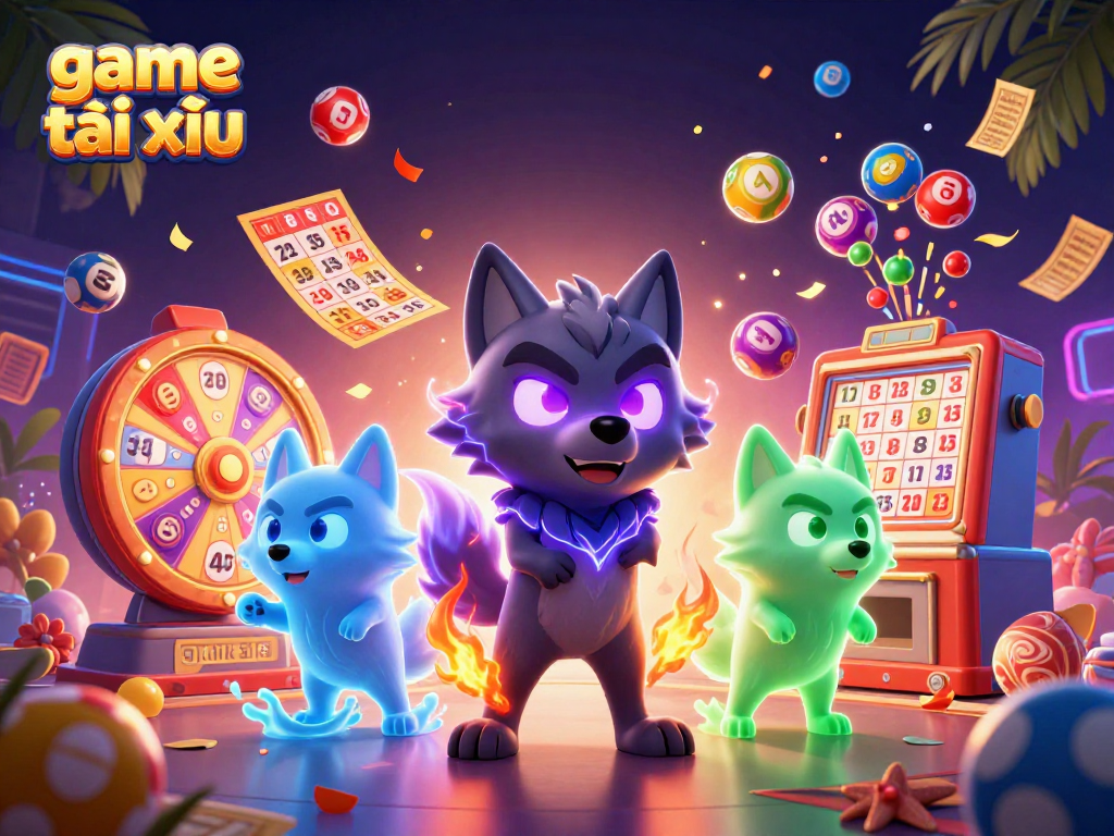 Engage in the thrilling game tài xỉu with vibrant energy and dynamic elements surrounding mystical wolves.