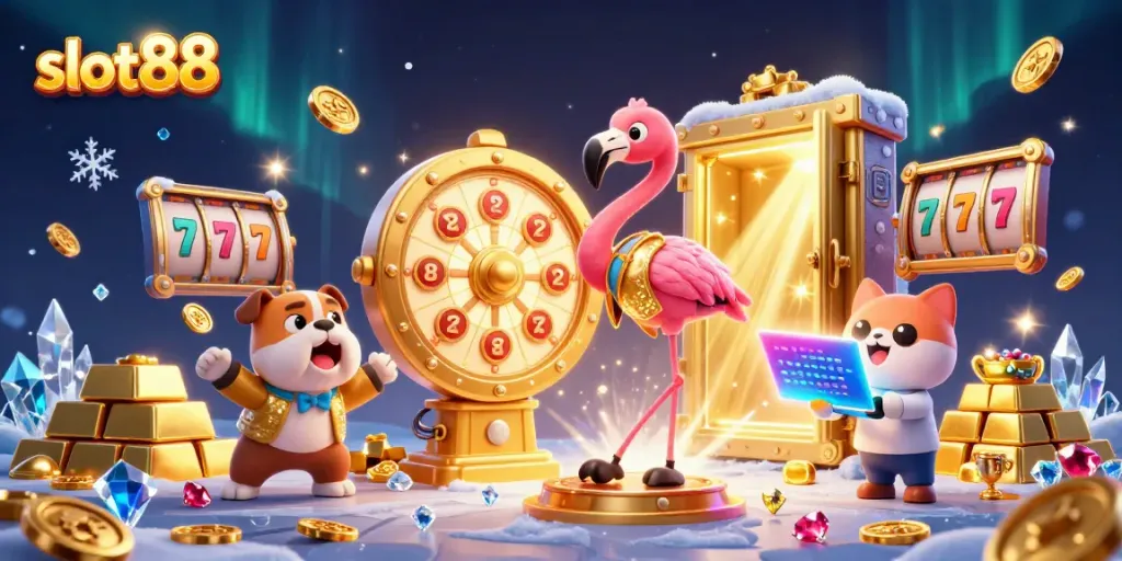 Permainan seru slot88 dengan karakter flamingo, bulldog, dan kucing di lingkungan kasino yang glamor.