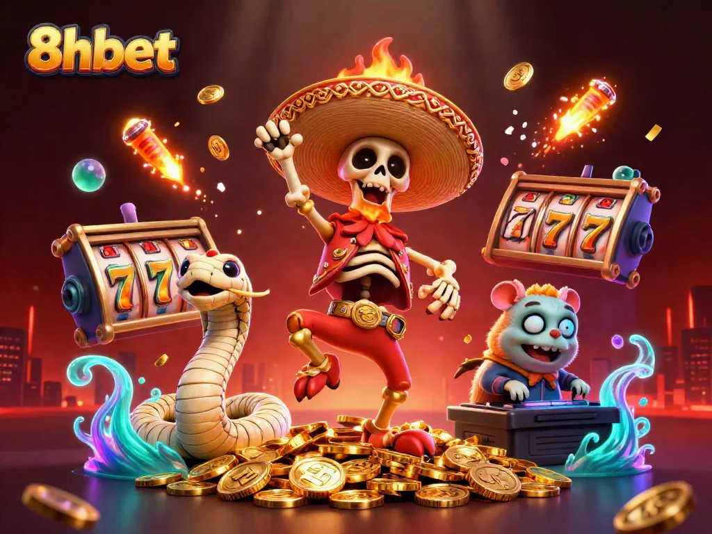 Experience the thrill of 8xbet as a mariachi rooster celebrates on golden coins, surrounded by a festive casino atmosphere.
