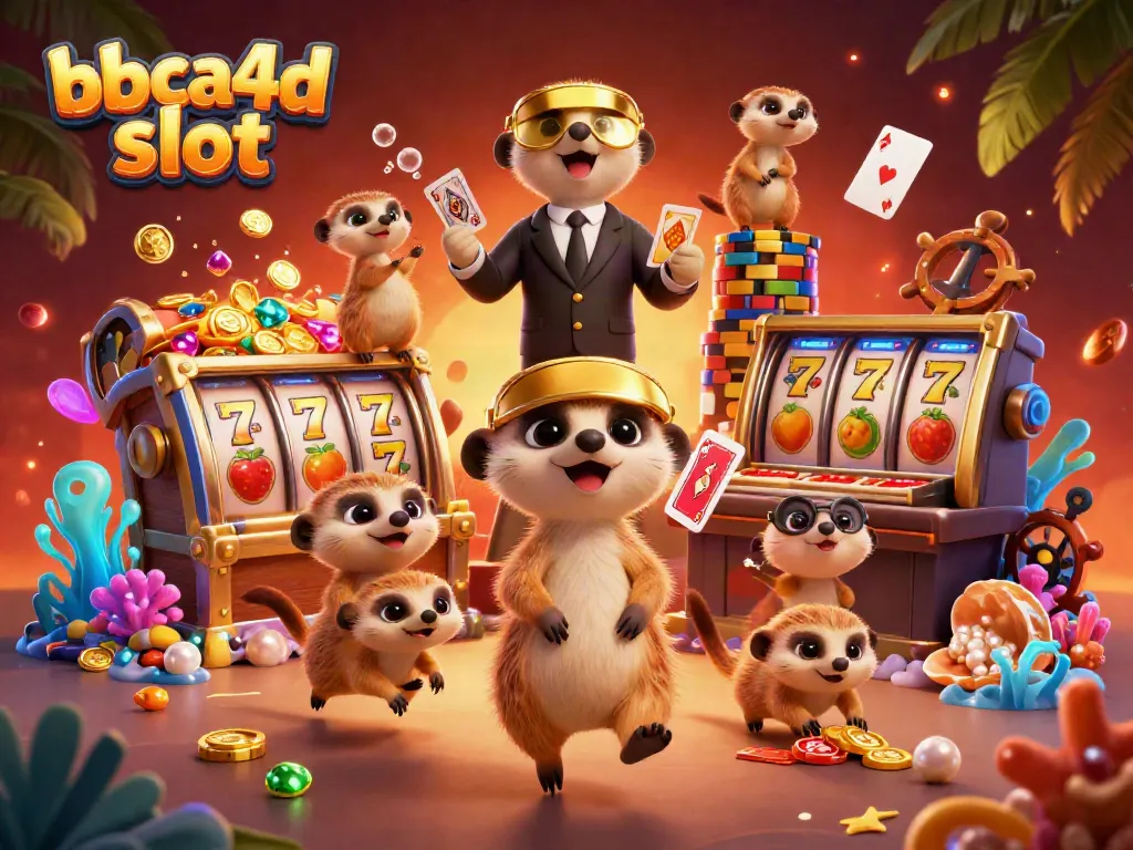 Visualisasi slot gacor di bbca4d slot, koloni meerkat menjalankan kasino dengan elemen permainan yang hidup.
