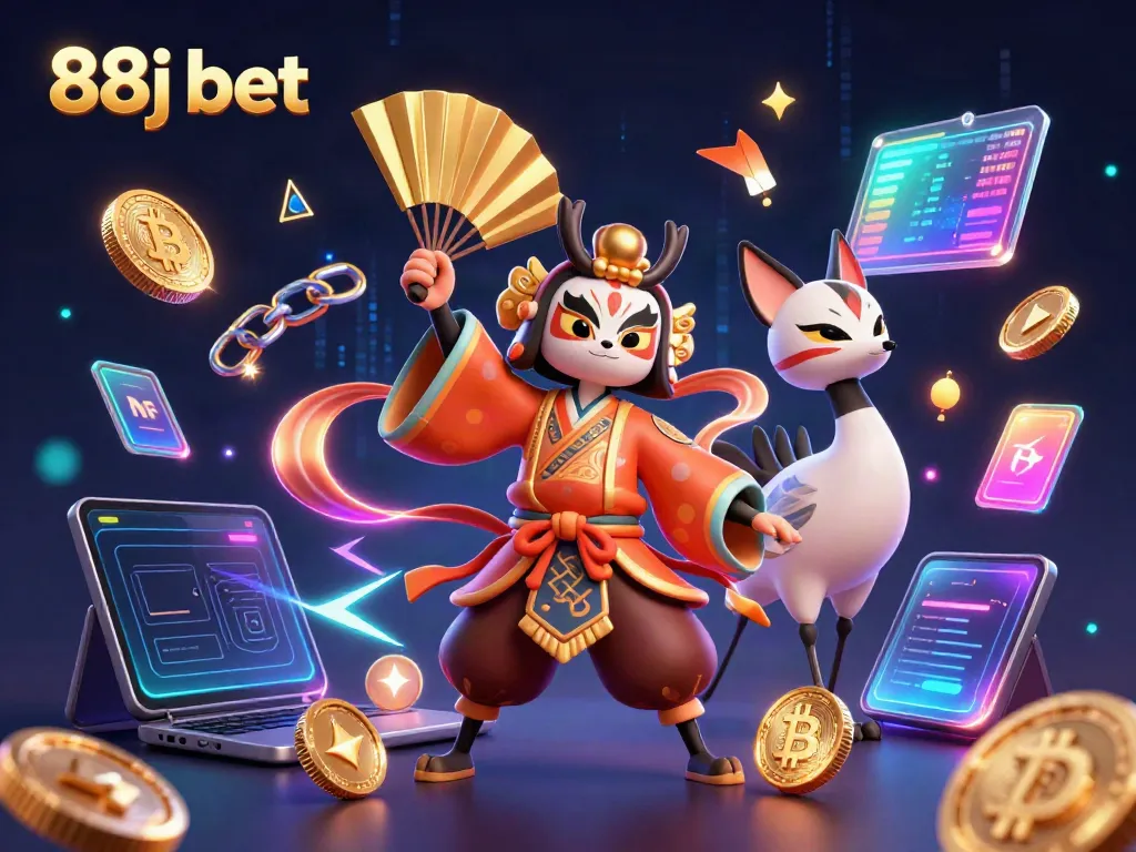 Play slot games with 88j bet, featuring kabuki warrior and kitsune amidst crypto coins.