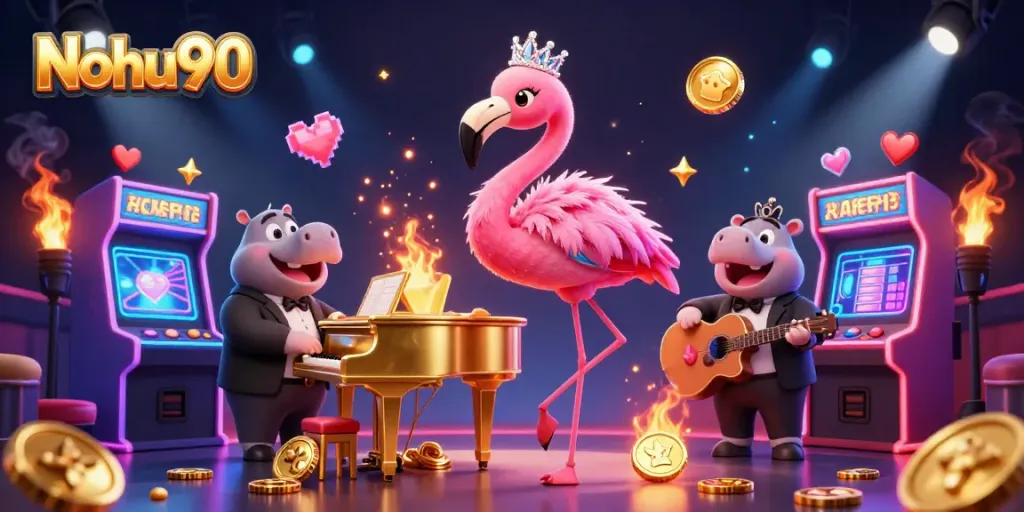 Nohu90 players winning at slots in a vibrant casino scene featuring a flamingo singer and hippo bassist.