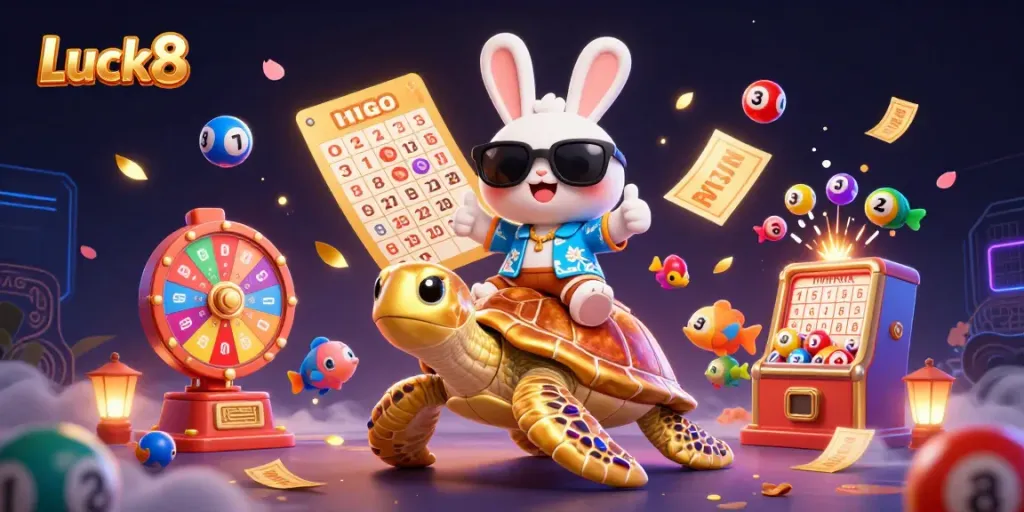 Engage in thrilling moments at Luck8, featuring a lucky rabbit and golden turtle amidst exciting gaming elements.