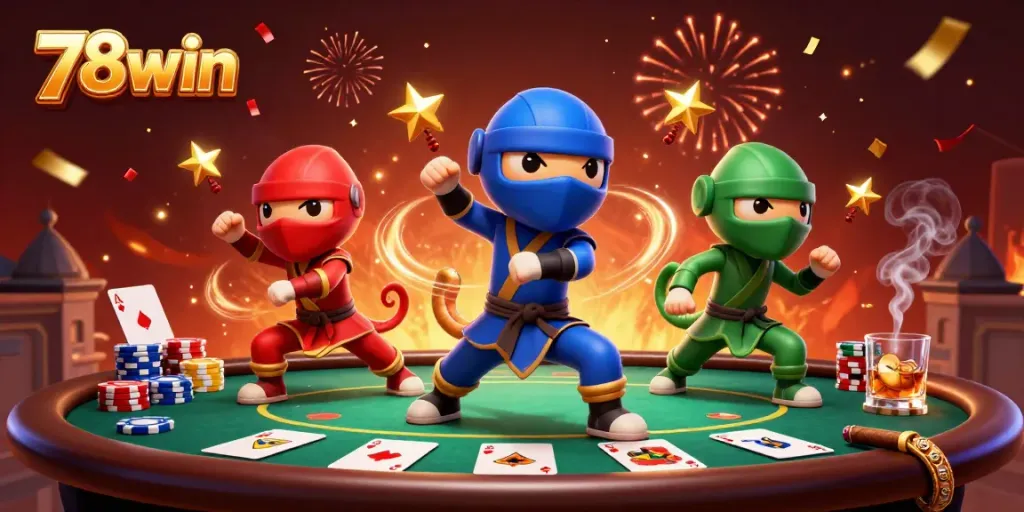 Engage in thrilling gameplay at 78win with vibrant casino characters in a lively poker scene.