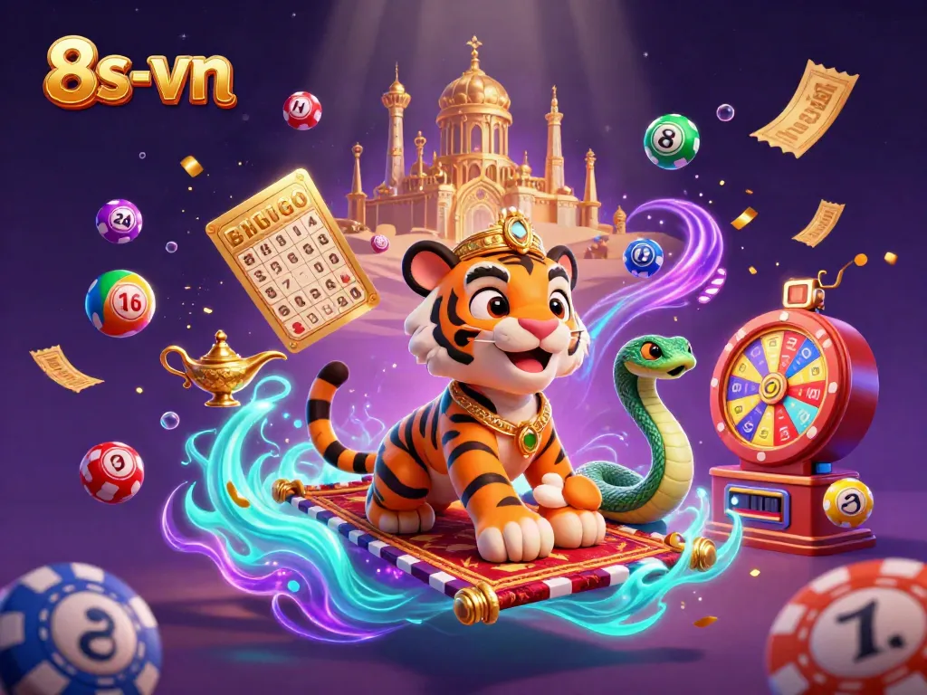Experience the thrilling adventure of 8s-vn with a vibrant Arabian Nights-themed casino scene.