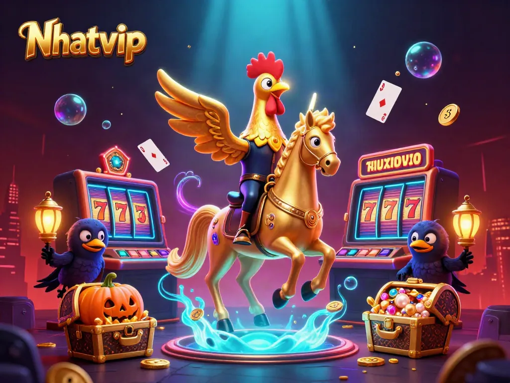 Experience high-stakes gaming excitement with Nhatvip's vibrant casino-themed illustration featuring slots, gold coins, and magical characters.
