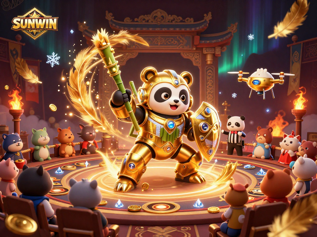 SUNWIN offers an exhilarating gambling experience with a mech-suit panda battling in a vibrant arena.
