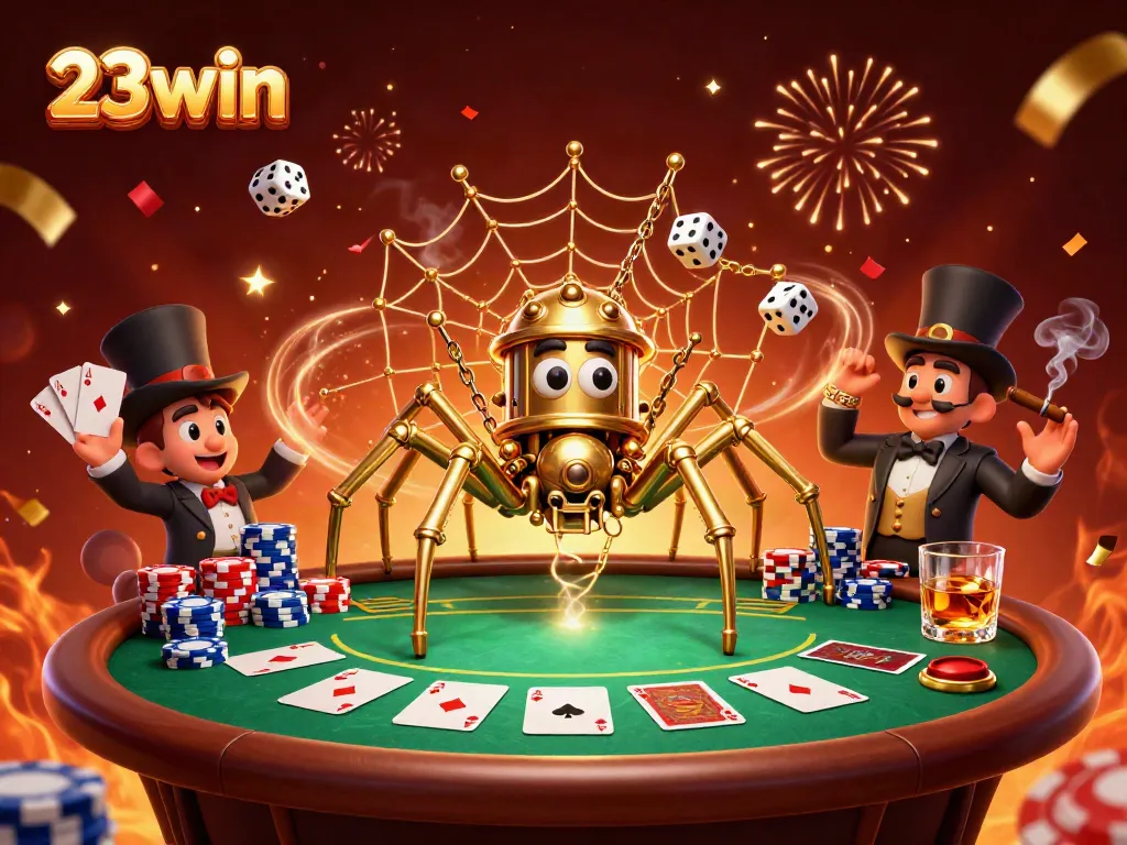 Experience thrilling action with 23win’s golden spider in a vibrant casino web scene.
