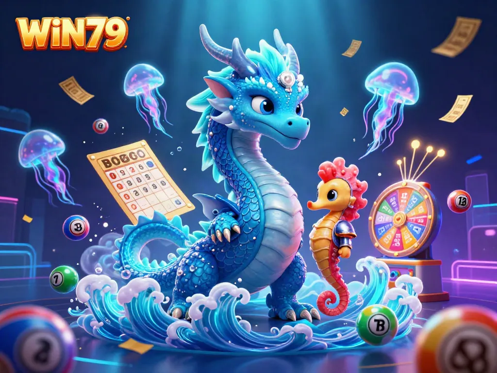 Engage in the WIN79 gaming experience with a vibrant underwater casino scene featuring dynamic lottery elements.