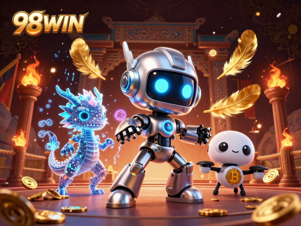 Experience thrilling gaming action at 98WIN with our vibrant 3D illustration involving dynamic characters and gambling elements