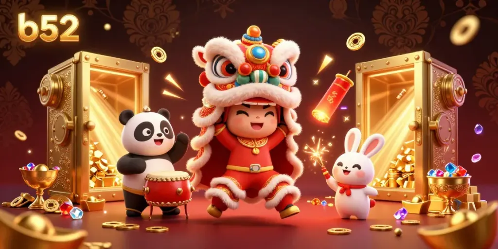 Engage with the exciting b52 casino experience featuring lively characters, gold treasures, and vibrant decorations.