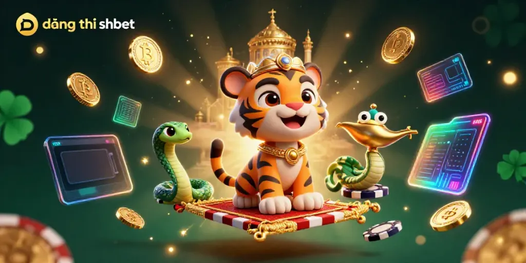 A captivating scene showcasing đăng ký shbet with a tiger sultan on a poker chip carpet and crypto coins.