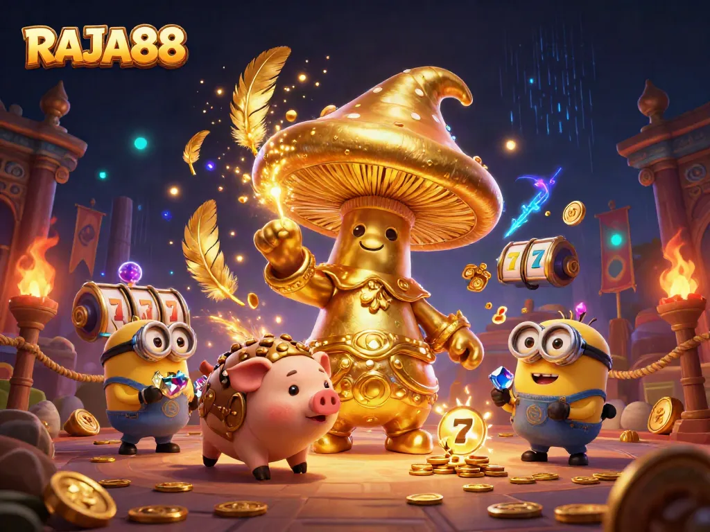 Engage with RAJA88's thrilling gaming experience featuring a golden mushroom wizard and treasure hunting elements.