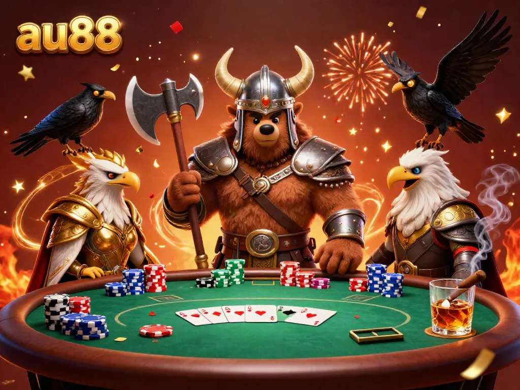 Join the excitement at au88 with vibrant characters and a thrilling poker scene featuring massive chip towers and celebratory effects.