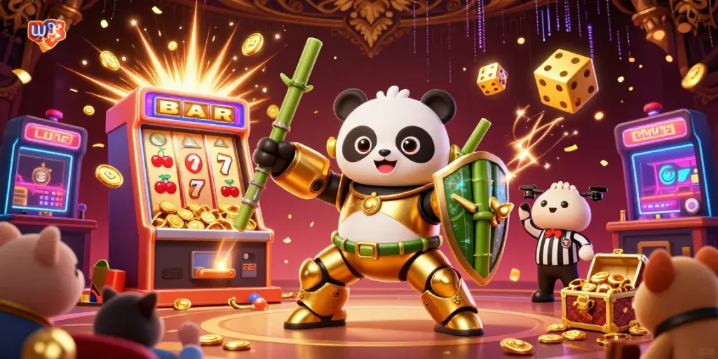 Experience the excitement of uy88 with a vibrant 3D casino illustration featuring a mech-suit panda at a jackpot event.