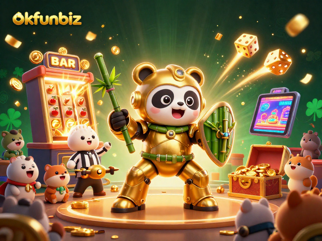 Engage with the dynamic games at okfunbiz in this vibrant 3D casino illustration.
