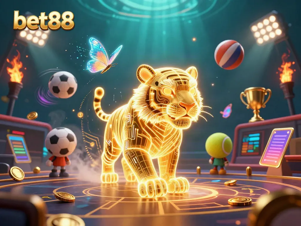 Experience excitement at bet88 with a neon-wireframe golden tiger and dynamic sports elements.