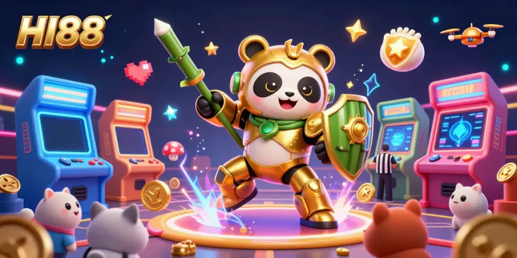 Engage with HI88's dynamic casino environment featuring a golden panda in a mech-suit battling in a colorful arena.