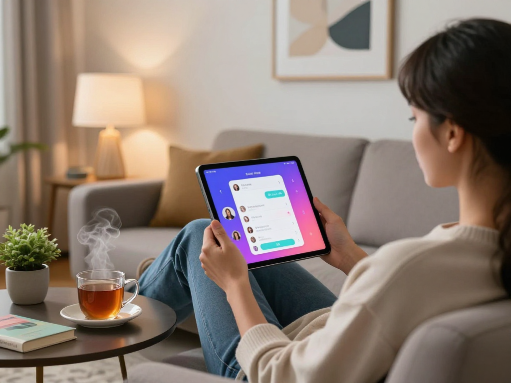 Engaging in a relaxing sex chat ai conversation on a tablet in a modern living room.
